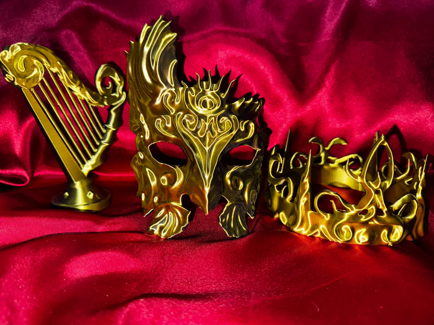 Golden Decorative Crown, Mask, Harp and Horn